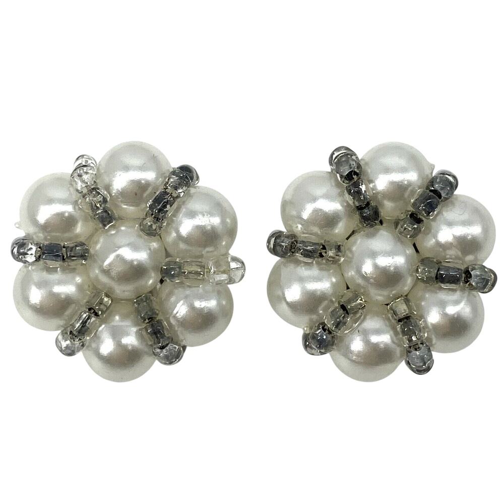 Vintage Faux Pearl Cluster Clip-On Earrings Silver Tone Beaded 1950s MCM Retro